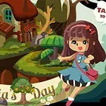 En tegneserieillustrasjon med en figur i blå kjole, en ugle, og et koselig hus i en skog med teksten Felicias Day