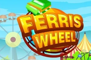 Tekst Ferris Wheel i gule bokstaver foran en bakgrunn med pariserhjul og blå himmel