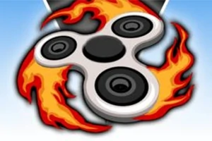 En sølv spinner med sorte sirkler omgitt av flammer mot en blå bakgrunn