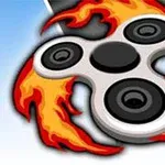 En sølv spinner med sorte sirkler omgitt av flammer mot en blå bakgrunn