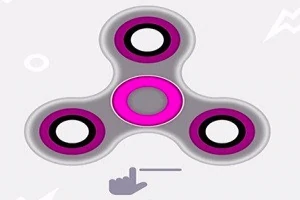 Grå og rosa fidget spinner med tre ringer på en lys bakgrunn, samt en hånd-ikon under