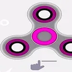 Grå og rosa fidget spinner med tre ringer på en lys bakgrunn, samt en hånd-ikon under