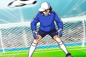 Keeper i blå drakt forbereder seg på å redde en rask ball med et nett bak seg