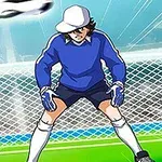Keeper i blå drakt forbereder seg på å redde en rask ball med et nett bak seg