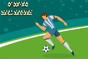 En illustrasjon av en fotballspiller i blå- og hvitstripet drakt som løper med en fotball på en grønn bane, med teksten FIFA Score øverst til venstre