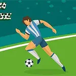 En illustrasjon av en fotballspiller i blå- og hvitstripet drakt som løper med en fotball på en grønn bane, med teksten FIFA Score øverst til venstre
