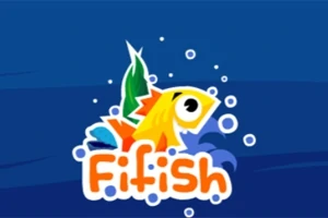 Fargerik tegning av en gul fisk omgitt av bobler med teksten Fifish på en blå bakgrunn