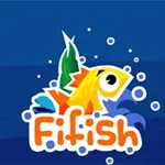 Fargerik tegning av en gul fisk omgitt av bobler med teksten Fifish på en blå bakgrunn