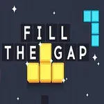 Tekst FILL THE GAP i midten med fargerike, blokklignende former rundt på mørk bakgrunn
