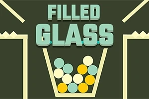 En bøtte fylt med fargerike kuler og teksten FILLED GLASS over