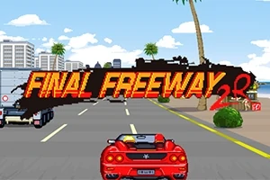 Rød sportsbil kjører på motorvei med palmer og bygninger i bakgrunnen, med teksten Final Freeway 2R over