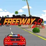Rød sportsbil kjører på motorvei med palmer og bygninger i bakgrunnen, med teksten Final Freeway 2R over