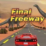 En rød sportsbil kjører på en motorvei i en ørken omgitt av store dinosaurer, med teksten Final Freeway over