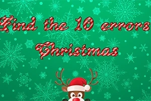 Grønn bakgrunn med snøfnugg og teksten Find the 10 errors Christmas i rød og hvit skrift, samt en illustrasjon av et reinsdyr med nisselue nederst