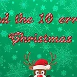 Grønn bakgrunn med snøfnugg og teksten Find the 10 errors Christmas i rød og hvit skrift, samt en illustrasjon av et reinsdyr med nisselue nederst