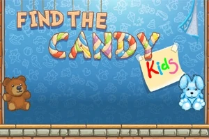 Tittel Find the Candy i godteriskrifttype med bamser og et skilt med teksten Kids på en blå bakgrunn