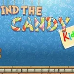 Tittel Find the Candy i godteriskrifttype med bamser og et skilt med teksten Kids på en blå bakgrunn