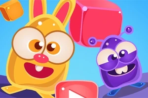 To fargerike og animerte karakterer med store øyne og glade uttrykk, omgitt av fargerike geometriske former mot en blå bakgrunn