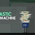 Tegneseriefigur med mange tallerkener stablet på hodet og teksten Finns Fantastic Food Machine