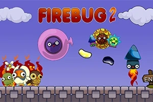 Fargerik illustrasjon med tegneseriefigurer, brennende insekter og tekst FIREBUG 2 på en lilla bakgrunn med skyer