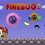Fargerik illustrasjon med tegneseriefigurer, brennende insekter og tekst FIREBUG 2 på en lilla bakgrunn med skyer