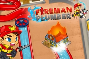 En illustrasjon med en tegneserie-brannmann som prøver å slokke en brennende bygning ved hjelp av vannrør, med teksten Fireman Plumber øverst