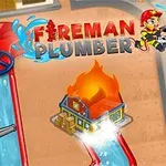 En illustrasjon med en tegneserie-brannmann som prøver å slokke en brennende bygning ved hjelp av vannrør, med teksten Fireman Plumber øverst