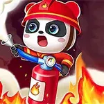 En tegneseriepanda i brannmannuniform slukker flammer med en brannslokker