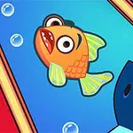 Fargerik illustrasjon av en overrasket oransje fisk med store øyne omgitt av bobler, mot en blå bakgrunn med en gullring