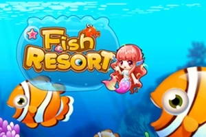 Undervannsbilde med fargerike klovnefisker, en tegneserieaktig havfrue og teksten Fish Resort