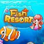 Undervannsbilde med fargerike klovnefisker, en tegneserieaktig havfrue og teksten Fish Resort
