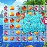 Spillbrett med sjøtema som viser fargerike sjødyr og skjell, med teksten Fish World i midten