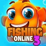 En tegneserieaktig gullfisk med store øyne mot en blå bakgrunn med teksten Fishing Online 3