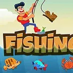 En tegneseriefigur fisker med en stang og har fått en støvel på kroken, mens forskjellige fargerike sjødyr svømmer under teksten Fishing