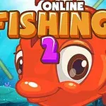 En illustrasjon av en rød fisk med teksten Online Fishing 2 i fargerike bokstaver mot en undervannsbakgrunn
