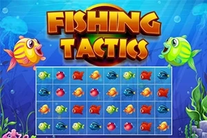 To fargerike tegneseriefisker omgir tittelen Fishing Tactics med et rutenett av små, glade fisker i forskjellige farger under