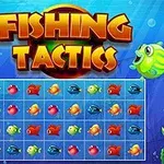 To fargerike tegneseriefisker omgir tittelen Fishing Tactics med et rutenett av små, glade fisker i forskjellige farger under