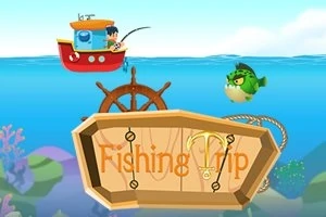 En tegnet scene der en person fisker fra en liten rød båt, med en grønn fisk og et skilt merket Fishing Trip i forgrunnen