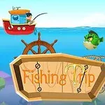 En tegnet scene der en person fisker fra en liten rød båt, med en grønn fisk og et skilt merket Fishing Trip i forgrunnen