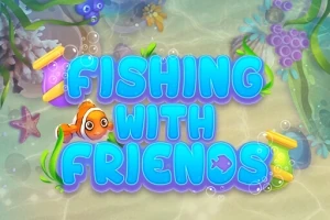 Fargerik tekst med Fishing with Friends omgitt av fiskeutstyr og havtema-elementer