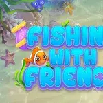 Fargerik tekst med Fishing with Friends omgitt av fiskeutstyr og havtema-elementer