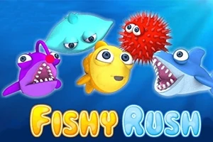 Fargerike tegneserieaktige havdyr med store øyne og teksten Fishy Rush nederst