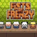 Seks pikselerte figurer står på rekke foran en grønn mønstret bakgrunn, med teksten Fists of Frenzy ovenfor