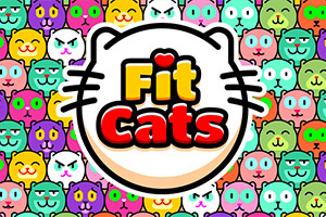 Fargerikt mønster av tegneseriekatteansikter med teksten Fit Cats i midten