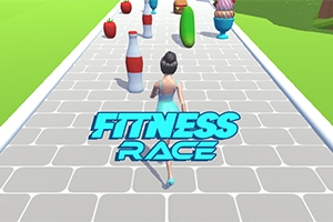En person løper på en sti omgitt av diverse matvarer, med teksten Fitness Race i forgrunnen