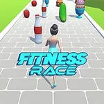 En person løper på en sti omgitt av diverse matvarer, med teksten Fitness Race i forgrunnen