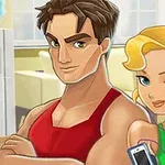 To animerte figurer i treningsklær, en mann i rød tanktop og en kvinne i grønt med en mobiltelefon