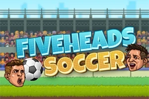 To antegninger av hodene til to fotballspillere og en fotball foran en tribune med publikum, med teksten Fiveheads Soccer i bakgrunnen