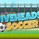 To antegninger av hodene til to fotballspillere og en fotball foran en tribune med publikum, med teksten Fiveheads Soccer i bakgrunnen