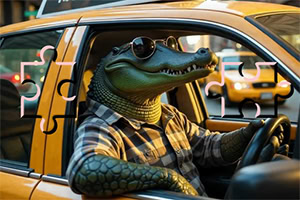 En alligator iført solbriller kjører en gul taxi i en by, med puslespillbrikker rundt seg